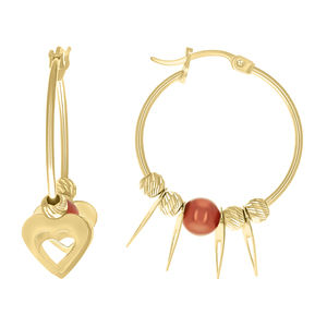 10kt 10k Yellow Gold Womens Heart Red Beaded Hoop Earrings